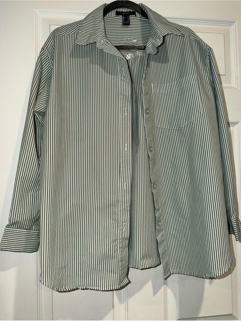 Green and White Striped Button-Down Shirt